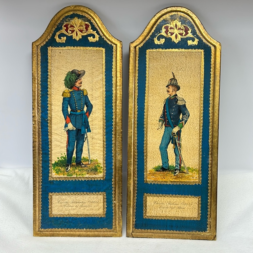 Vintage  pair of Italian Florentine wooden wall plaques with soldier images